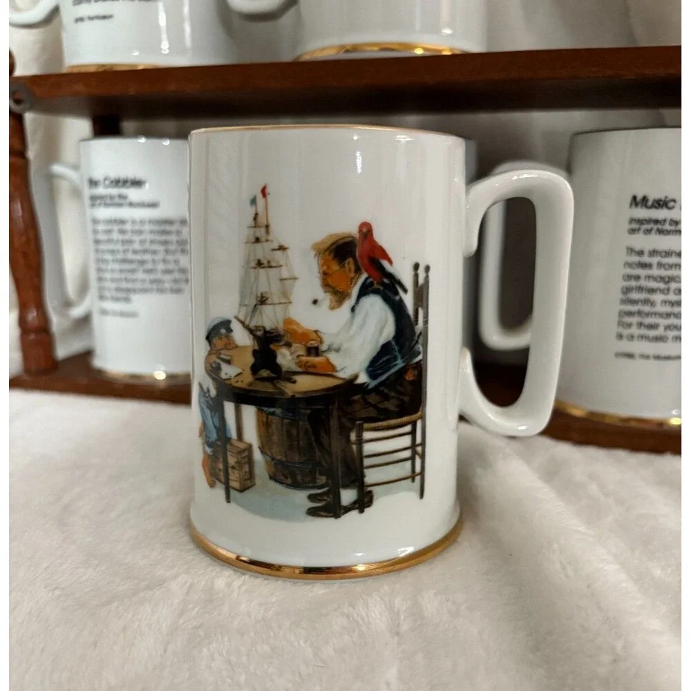 Vintage Norman Rockwell 1985-86 Mugs & Wooden Holder